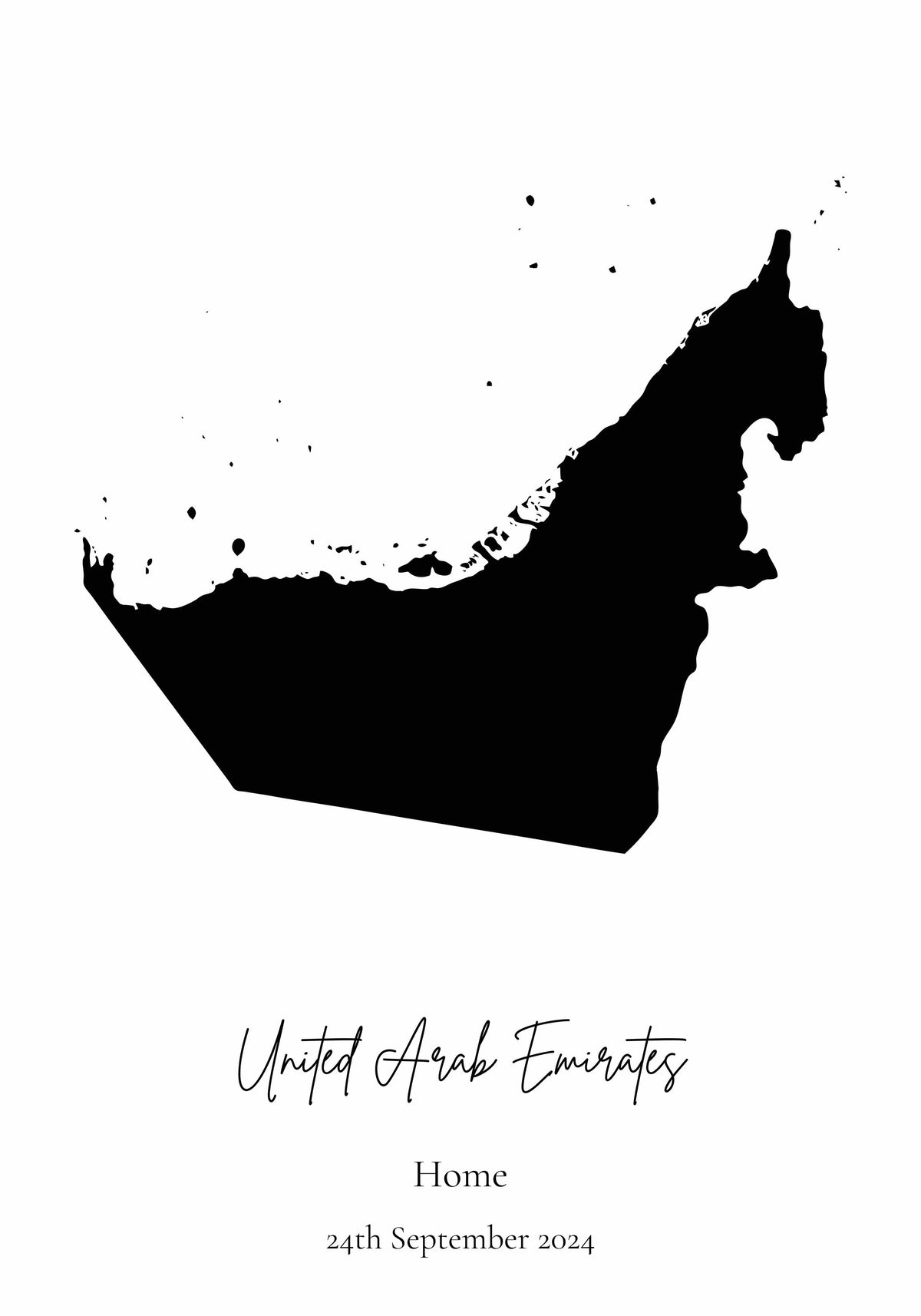 Personalised country map print in a black frame, custom outline map wall art, made in the UAE