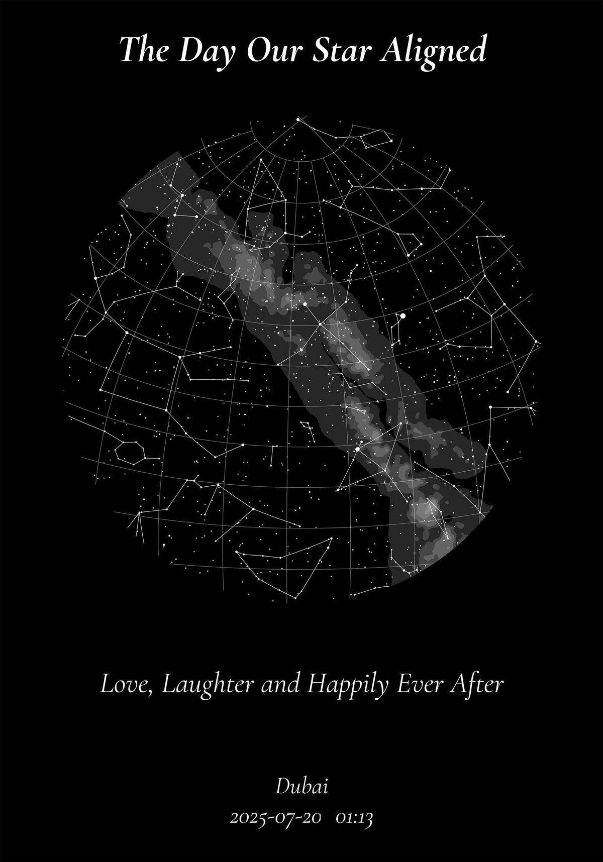 2nd anniversary star map, the night sky on the date you met in a black frame, custom print made in the UAE
