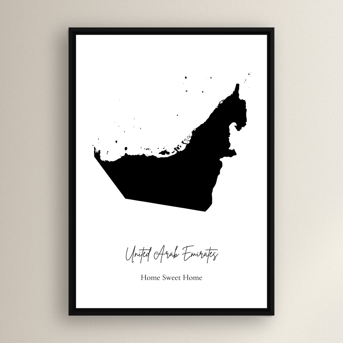 Custom country map print of the United Arab Emirates with Home Sweet Home text, in a black frame