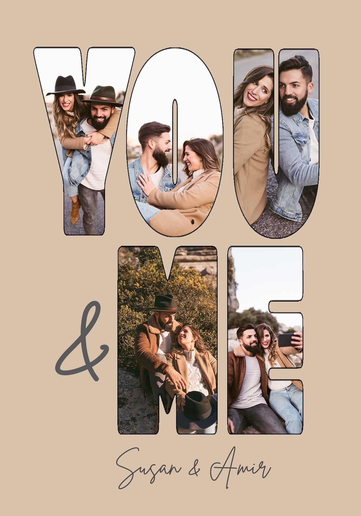 You & Me photo collage vertical, couples photos arranged into one portrait print in a black frame, made in the UAE